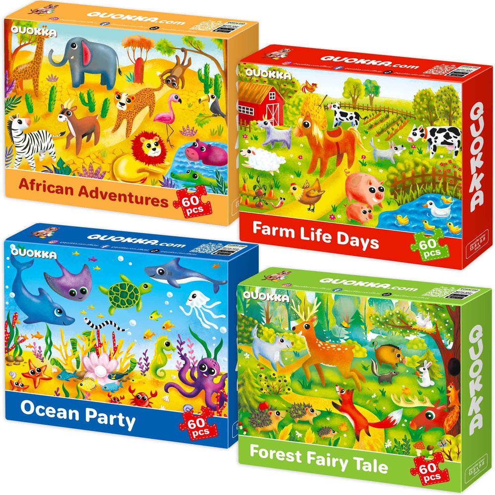 QUOKKA Puzzles cover with bright animal designs to engage kids and spark curiosity