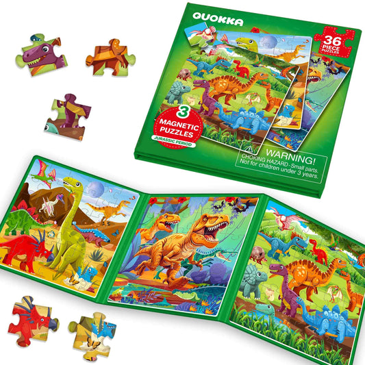 QUOKKA travel magnetic puzzles dino book cover highlights a screen-free play option.