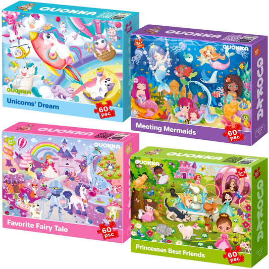QUOKKA unicorn princess 60-piece puzzle set sparks imagination with colorful unicorn scenes.