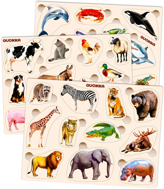 QUOKKA wooden puzzles for toddlers closeup of colorful animal scenes; durable wood helps develop fine motor skills