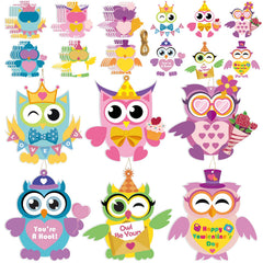 Qyeahkj Valentines owl craft kit body cards showcase six styles for kids' creativity in classrooms.