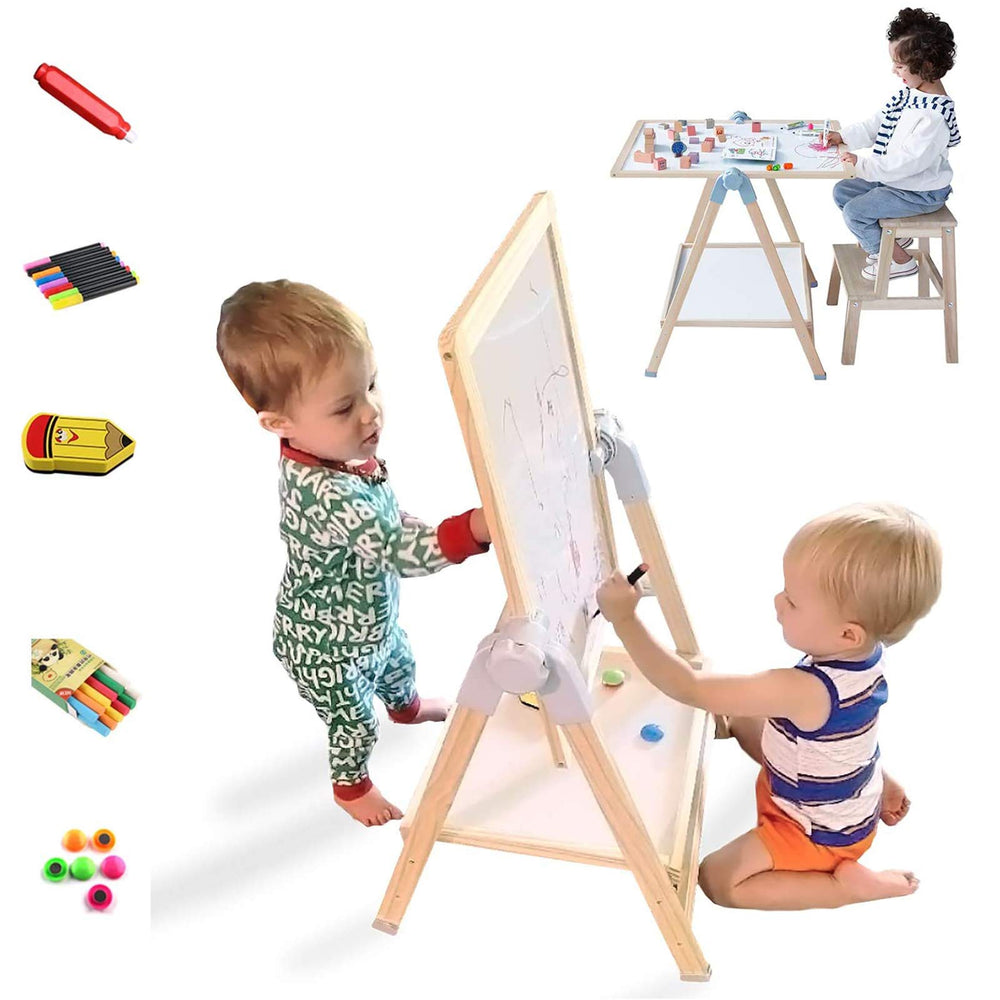 QZMTOY deluxe standing easel front view with double-sided whiteboard and chalkboard for creative learning