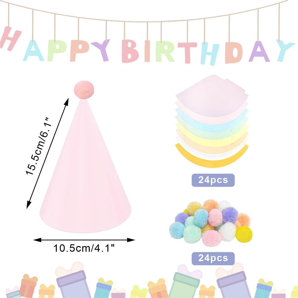 QZV eight-color pastel hats displayed, soft macaron hues for festive photos.