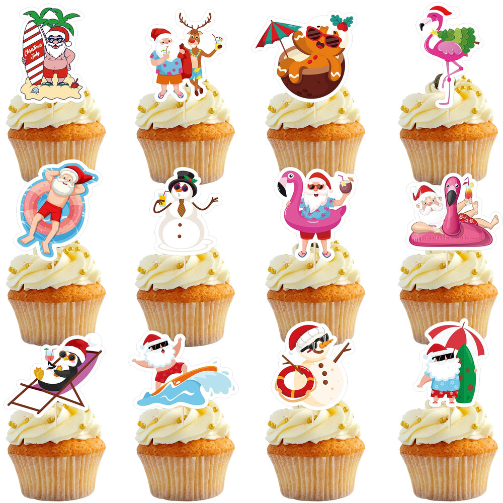 QZYL Santa on the beach cupcake topper adds festive flair to summer desserts.