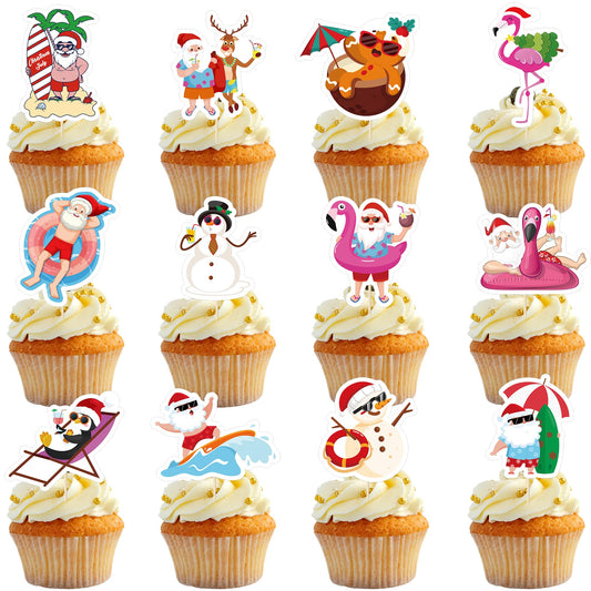 QZYL Santa on the beach cupcake topper adds festive flair to summer desserts.
