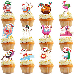 QZYL Santa on the beach cupcake topper adds festive flair to summer desserts.