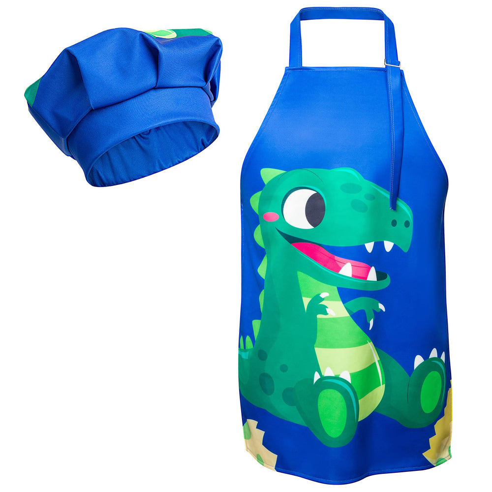 R HORSE kids apron blue with dinosaur design protects clothing during cooking and crafts.