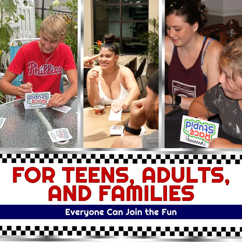 Race to Stupid players laughing during a family game night.