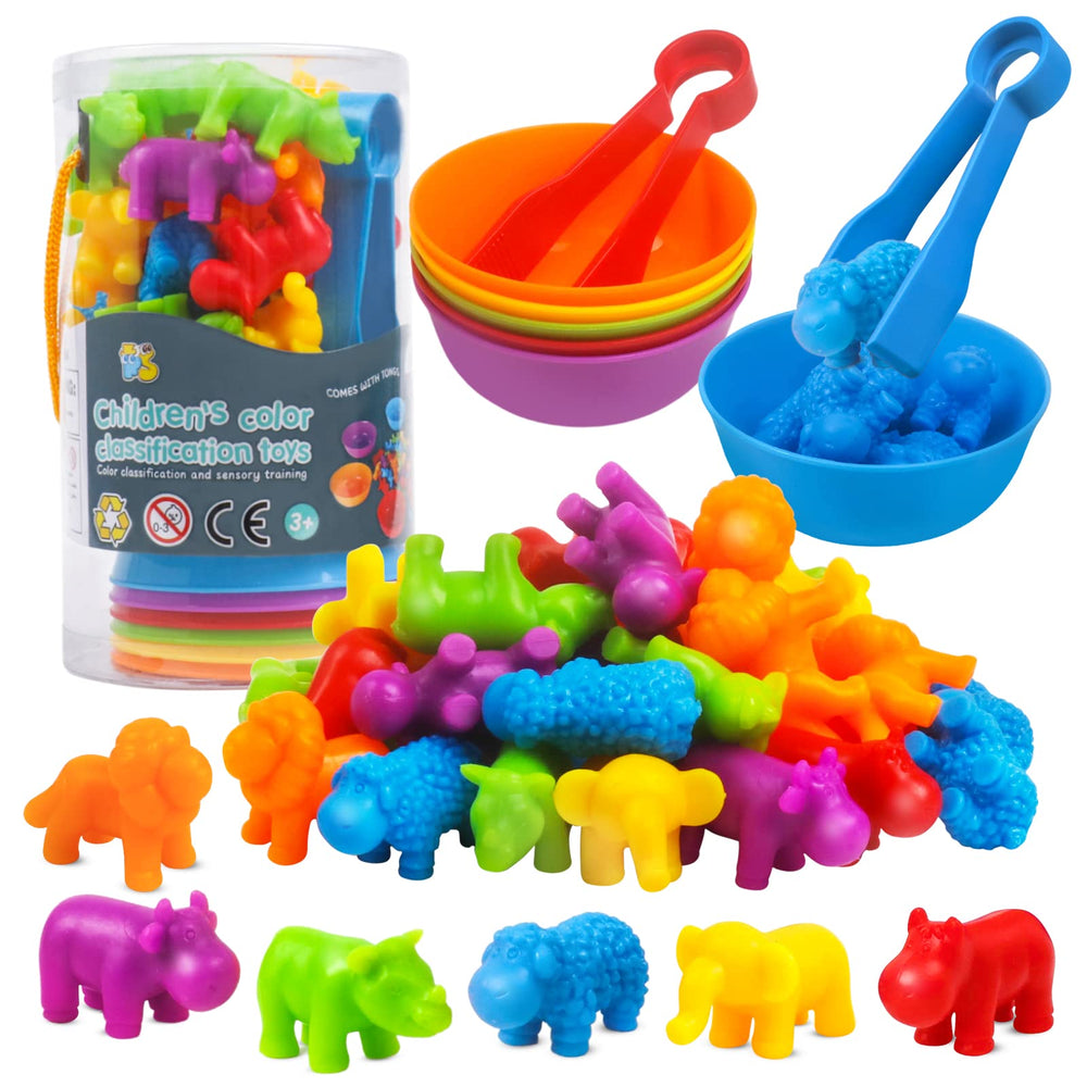 RAEQKS rainbow bowls with animals for color sorting and counting practice.