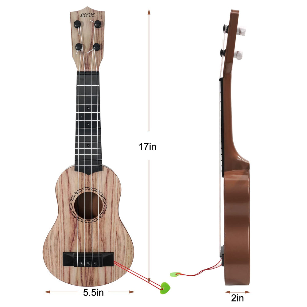 Raimy 17in ukulele child playing, supports hand-eye coordination and rhythm practice.