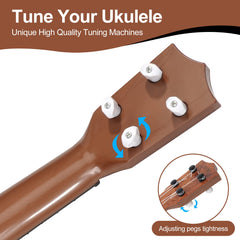 Raimy 17in kids ukulele hand-playing highlights kid-sized, comfortable grip.