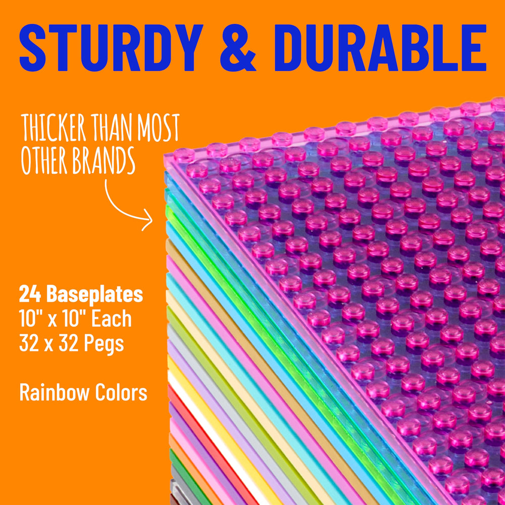 Rainbow baseplates tower layout with colorful foundations for creative play.