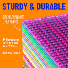 Rainbow baseplates tower layout with colorful foundations for creative play.