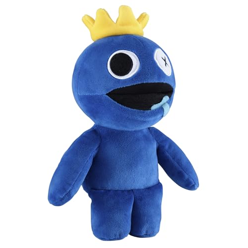 Rainbow Friends blue plush face detail, embroidered charm on display.