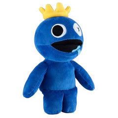 Rainbow Friends blue plush face detail, embroidered charm on display.