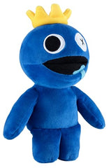 Rainbow Friends blue plush side view, vibrant decor piece for shelves.