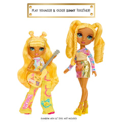 Rainbow High Bella with pink bass, chic fashion and playful music vibe.