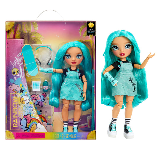Rainbow High Blu doll in blue outfit with skateboard, ideal for imaginative play.