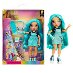 Rainbow High Blu doll in blue outfit with skateboard, ideal for imaginative play.