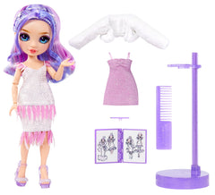 Violet Willow wearing runway gown in purple feather style for dramatic dress-up