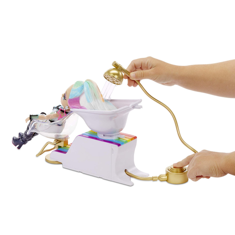 Rainbow High tint brush applies vivid color to hair during play.