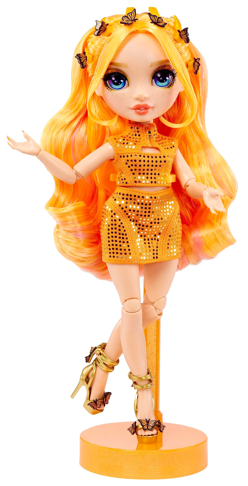 Rainbow High Poppy Rowan orange heels complete the look for stylish posing.