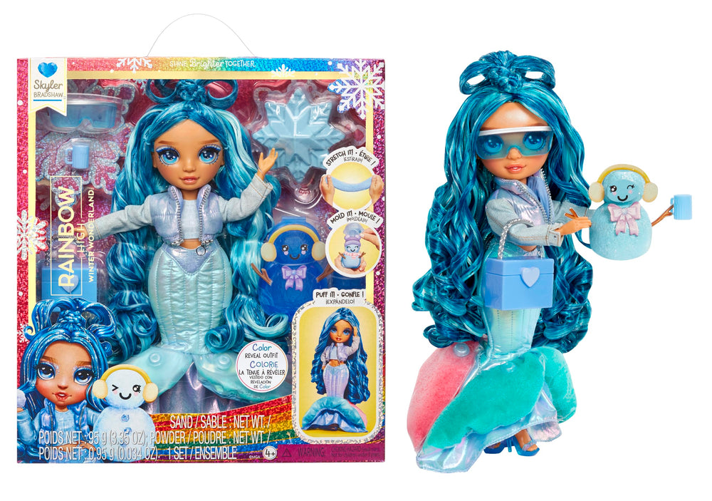 Rainbow High Skyler blue doll front view showcasing puff-up snow feature.