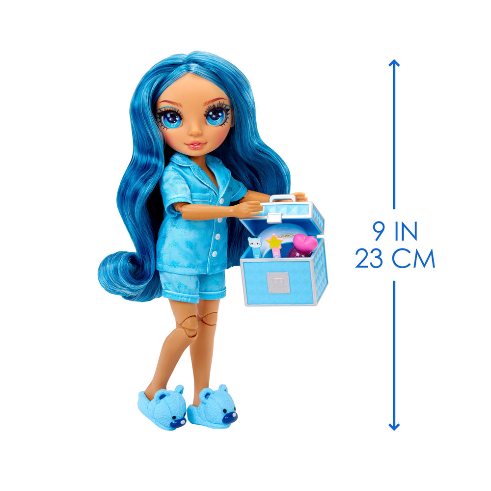 Rainbow High Skyler blue slippers add comfy style to the look.