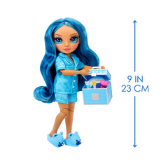 Rainbow High Skyler blue slippers add comfy style to the look.