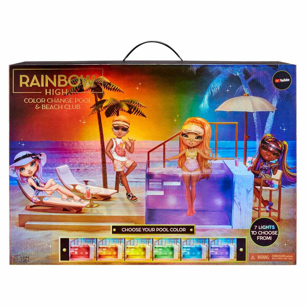 Rainbow High smoothie cups included for realistic poolside pretend beverages.
