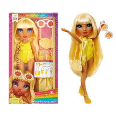 Rainbow High Sunny doll in yellow swimsuit ready for poolside adventures