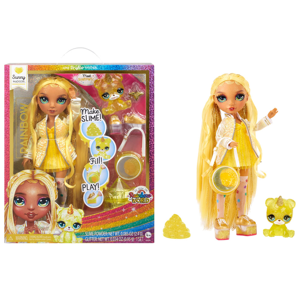 Rainbow High Sunny doll front pose in yellow, ideal for imaginative storytelling.