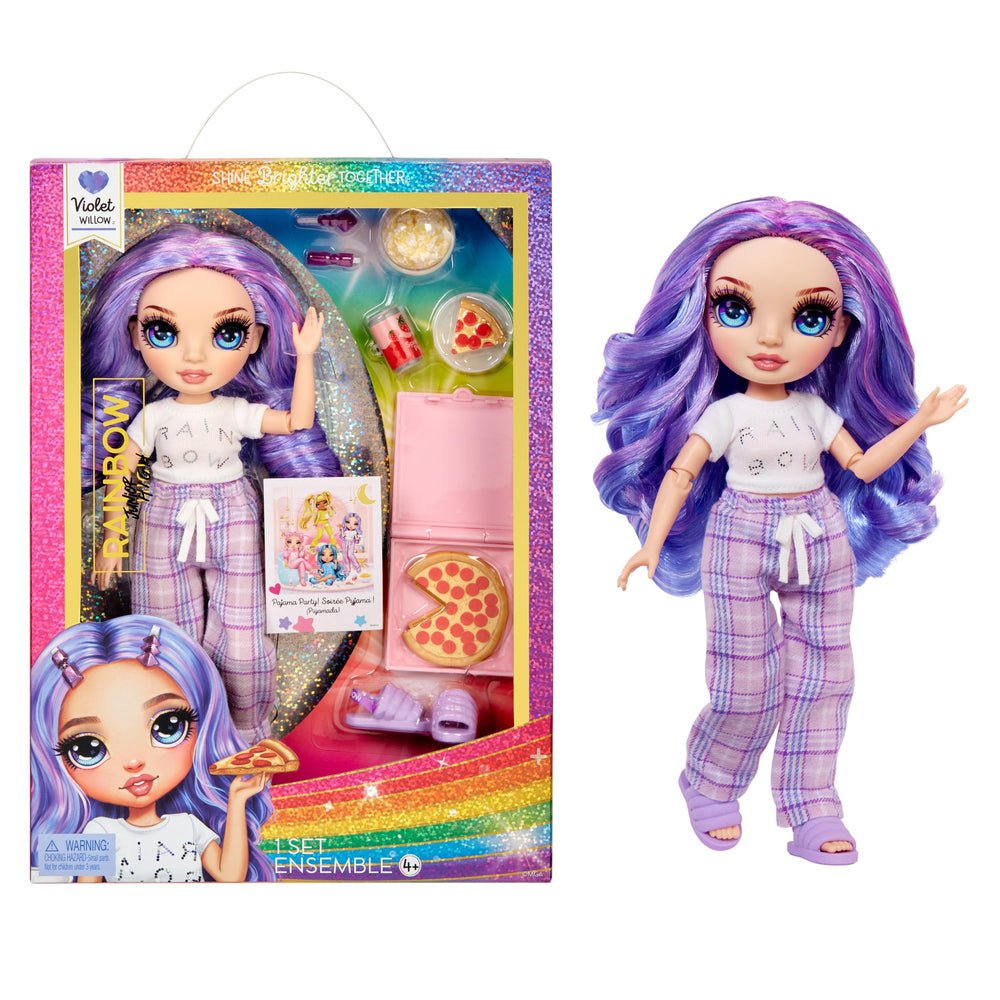 Rainbow High Violet nine-inch doll in purple pajamas for storytelling play.