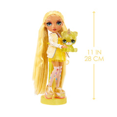 Rainbow High Sunny's yellow outfit shimmers with sparkles and braided pigtails.