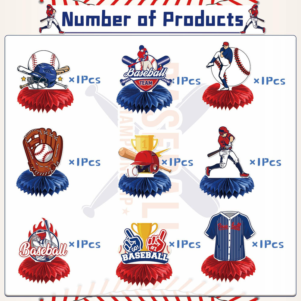 Rakuto baseball honeycomb centerpiece with sports equipment motif enhances party tables.