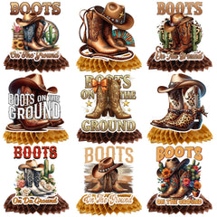 Rakuto boots on the ground brown honeycomb centerpiece creates a rustic western table focal point