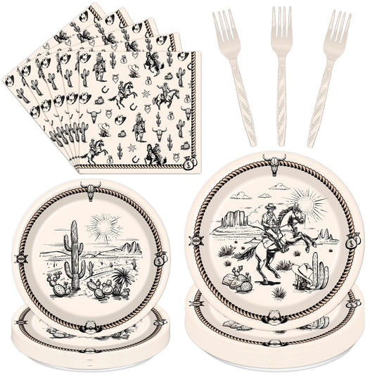 Rakuto Western party tableware with cowboy plates and napkins for quick setup.