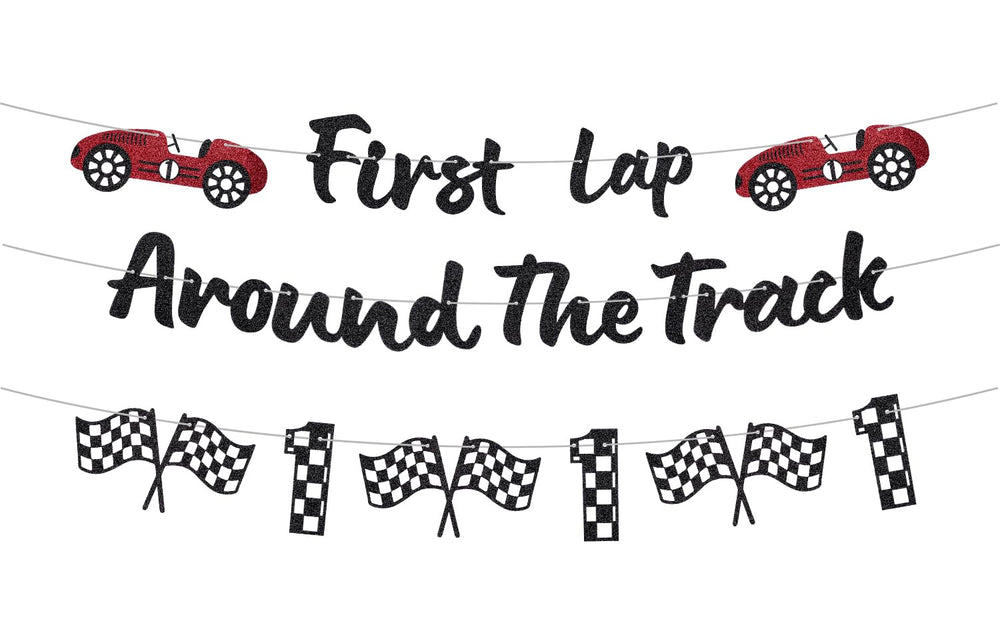 RANERVZ glitter banner for first lap around the track adds festive sparkle to a first birthday backdrop