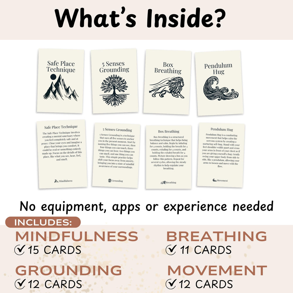 Raptor Studio Somatic Therapy Cards laid out on a desk for mindful breaks.