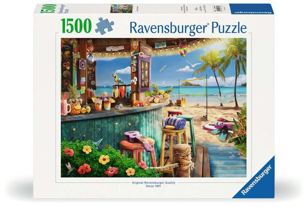 Ravensburger Beach Bar Breezes puzzle cover featuring a tropical tiki bar, perfect for screen-free relaxation.