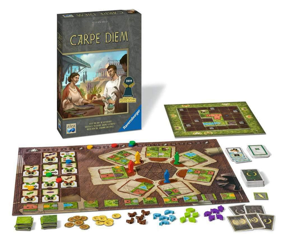 Ravensburger Carpe Diem tiles and cards highlight resource management and scoring opportunities.