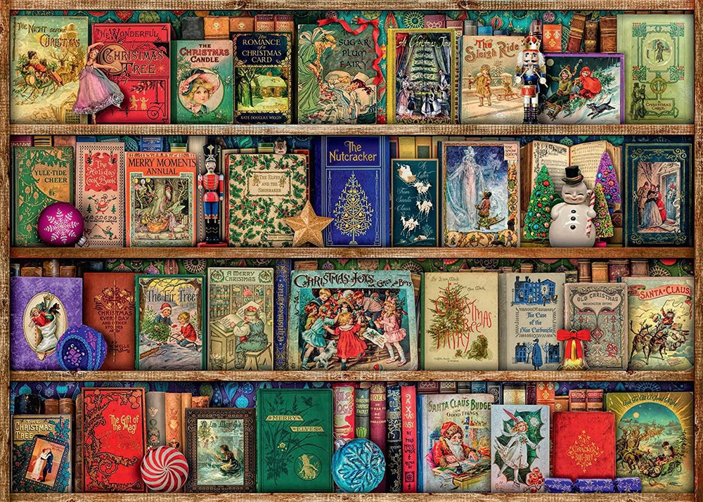 Ravensburger The Christmas Library puzzle box cover with festive library shelves inviting holiday puzzling.