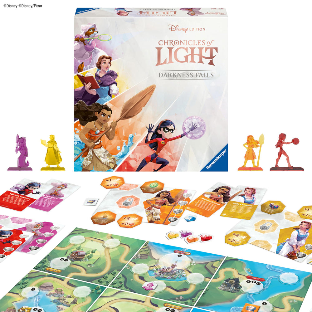 Ravensburger Chronicles of Light Darkness Falls setup for cooperative play with a modular board