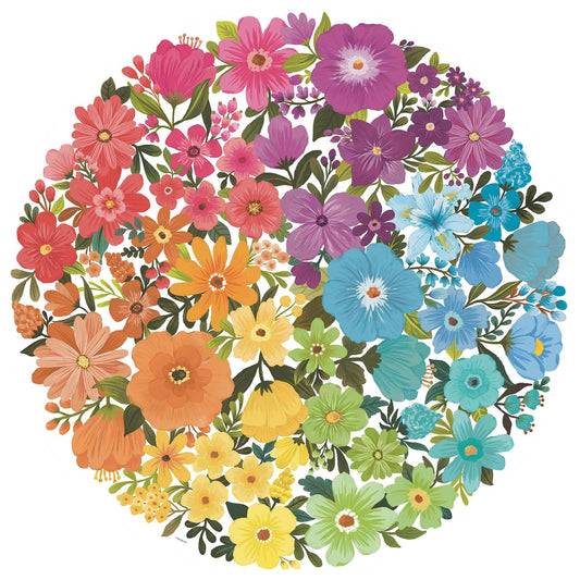 Ravensburger Circle of Colors: Flowers puzzle top view highlighting vibrant, glare-free colors for relaxing play.
