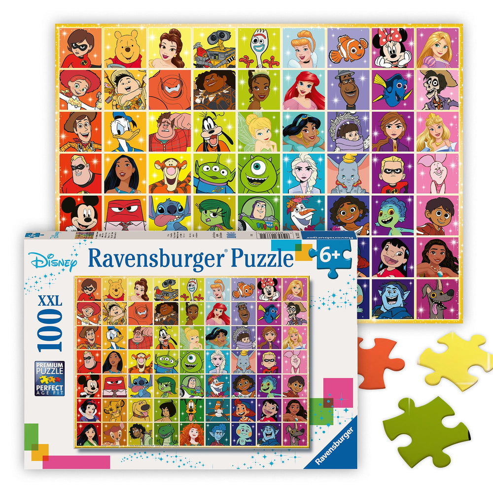 Ravensburger Disney Color Palette 100 Piece Puzzle: vibrant grid of Disney and Pixar characters for screen-free play