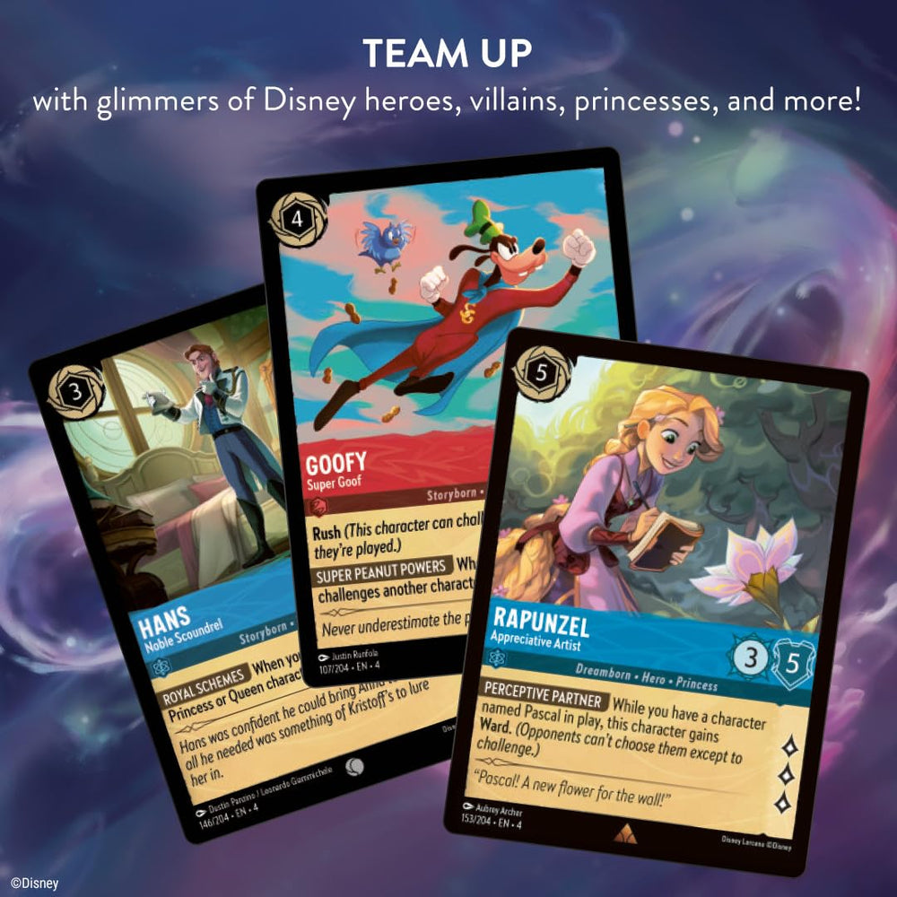 Ravensburger Disney Lorcana Gateway glimmers cards showcase vivid artwork and approachable play.