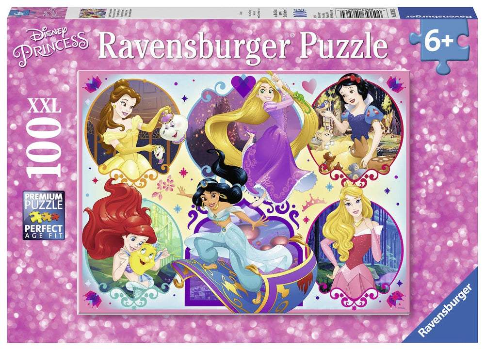 Ravensburger Disney Princesses puzzle pieces spread for hands-on play and coordination.