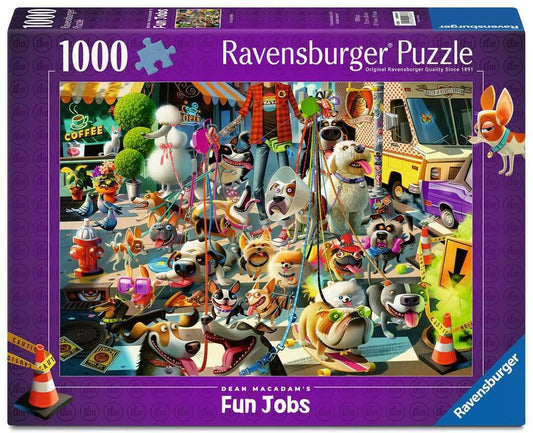 Ravensburger The Dog Walker: city street scene with dogs, perfect for relaxing puzzle time.