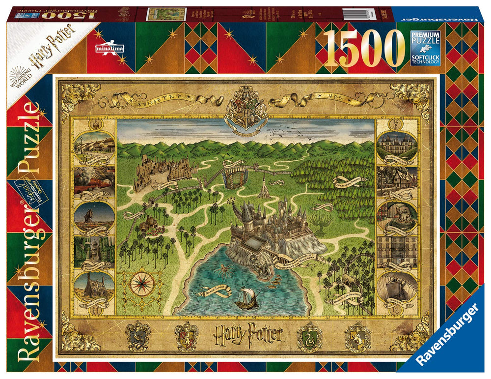 Ravensburger Hogwarts location map highlights key spots like Hogwarts and Hogsmeade for educational fun.