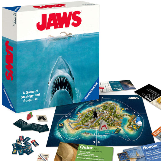 Ravensburger Jaws board game shark tokens enable tense, strategic action at the table.